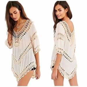 Umgee Bohemian Crochet Knit Tunic Top in Natural Size Small